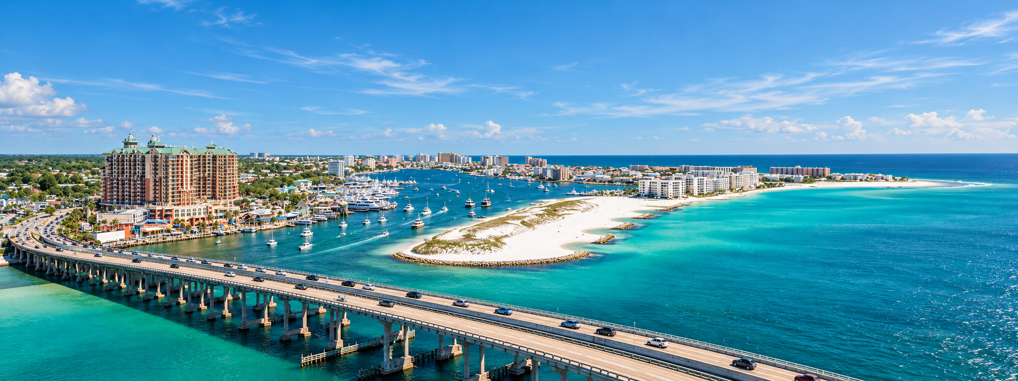 Aerial view of Destin Harborwalk, bridge and emerald water.